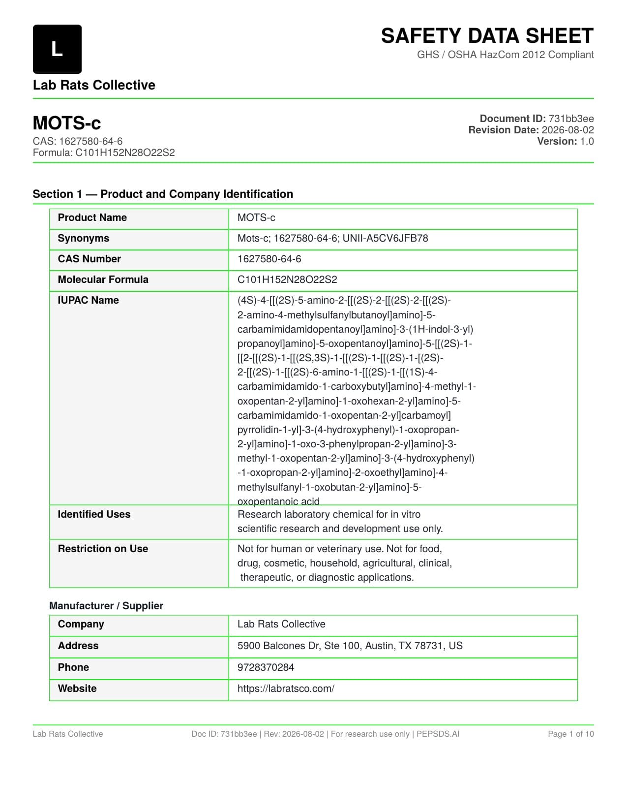 MOTS-C 10mg Safety Data Sheet